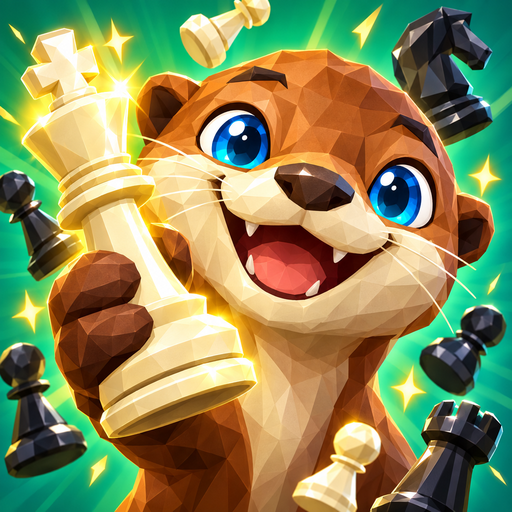 A playful otter holding a chessboard
